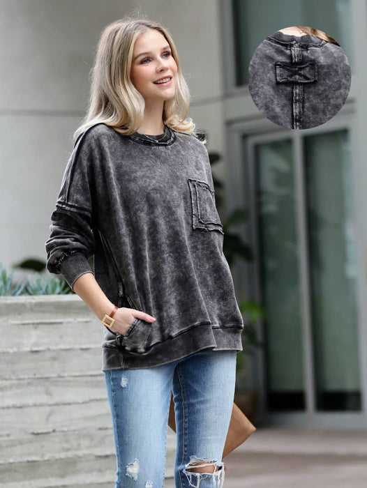 French Terry Acid Wash Pullover Women's Sweatshirt