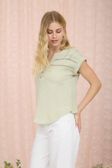 CROCHET LINE LACE HALF BUTTON SHORT SLEEVE TOP