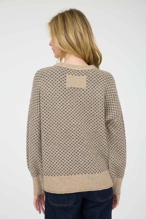 Boutique style jacquard sweater with relaxed fit and crew neckline