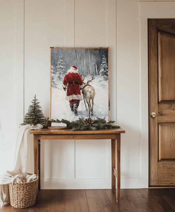 Santa Claus And Reindeer Wall Art - Framed Canvas