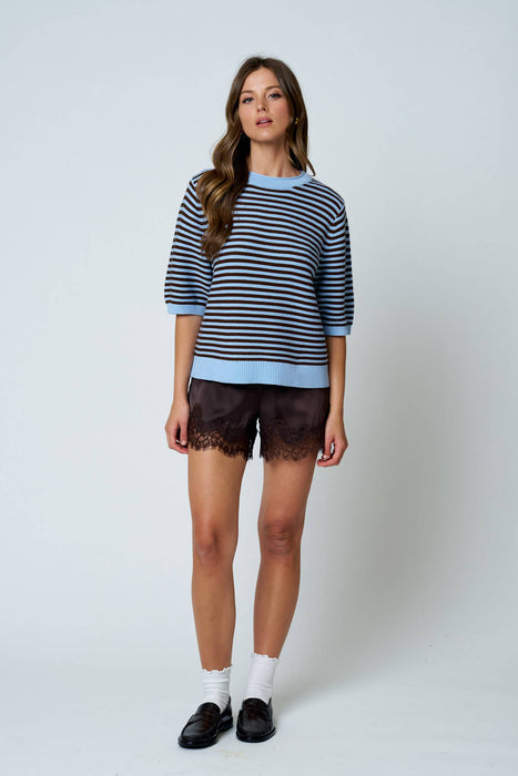 TEXTURED STRIPE CREW NECK HALF SLEEVE SWEATER