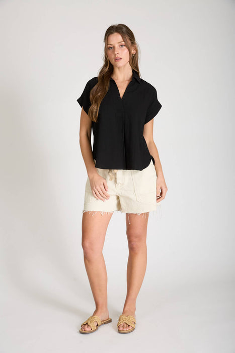 COLLARED SPLIT NECK CUFF SLEEVE U HEM LINEN TOP