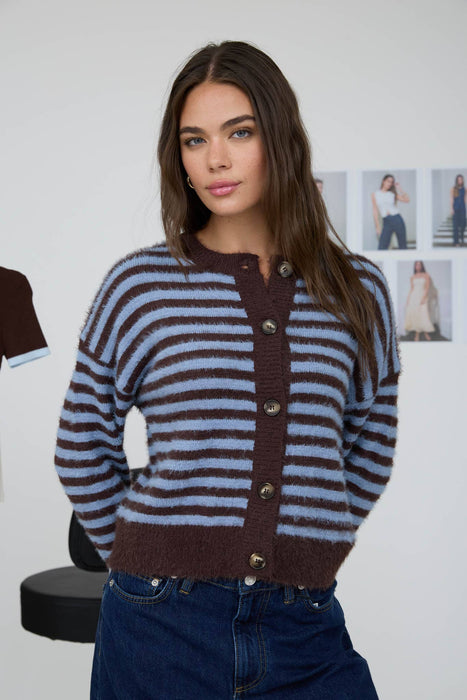 STRIPE ROUND NECK BUTTON DOWN FUZZY KNIT CARDIGAN