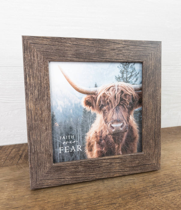 Faith Over Fear Highland Cow Rustic Art Picture Decor