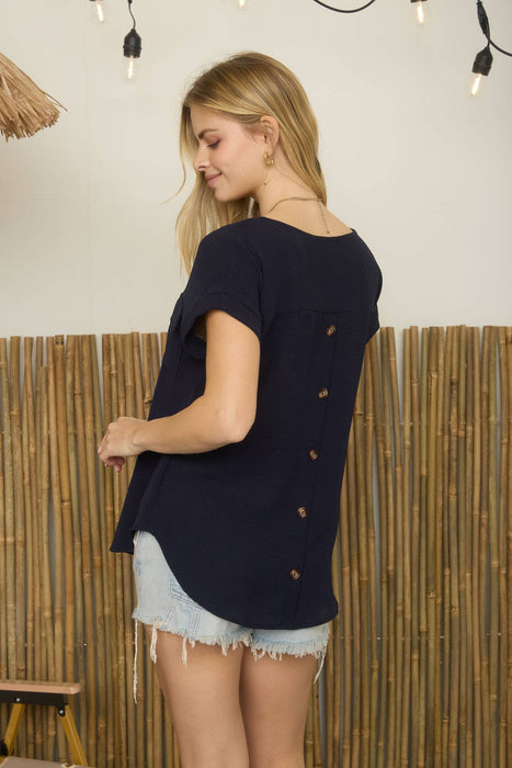 SPLIT NECK BACK BUTTON SHORT FOLD SLEEVE TOP