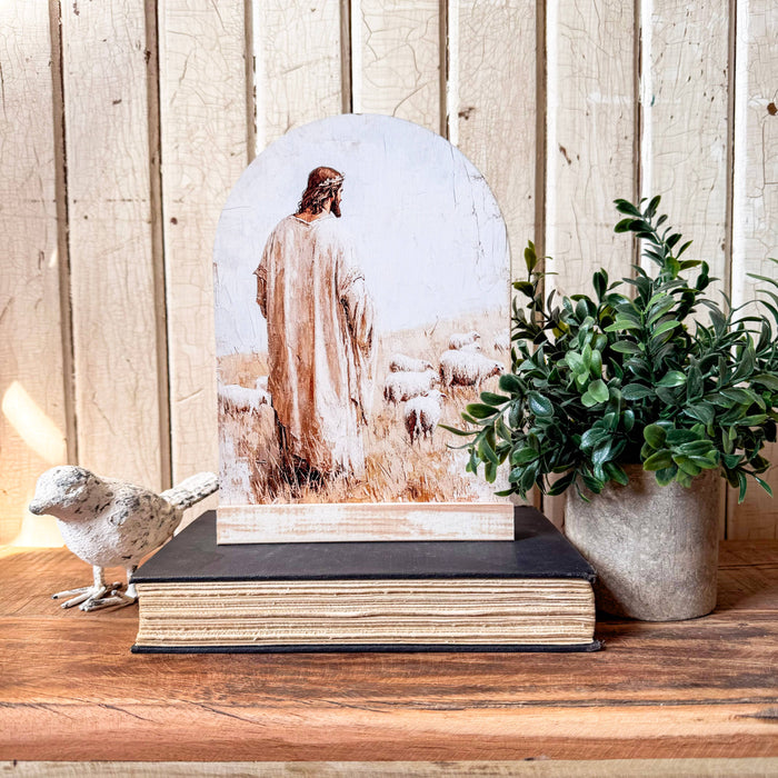 Jesus with Sheep Arched Wood Sign Shelf Sitter With Metal Stand