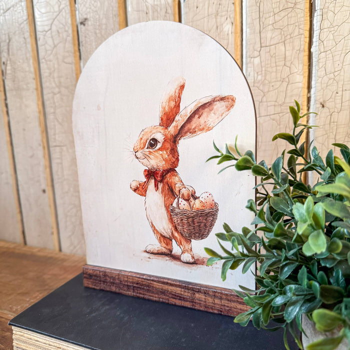 Bunny With Egg Basket Arched Wood Sign Shelf Sitter