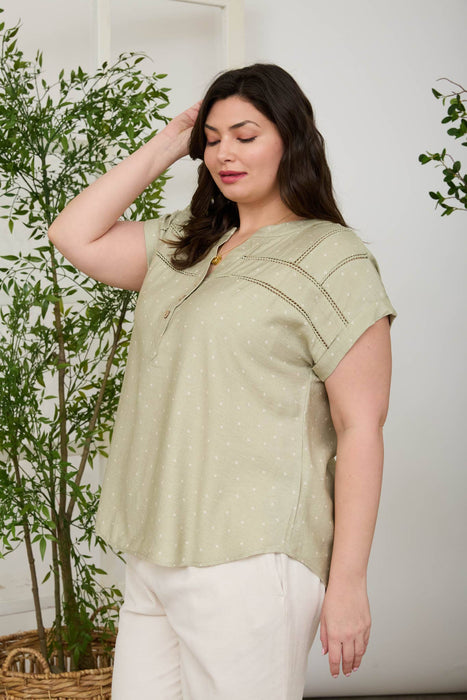 PLUS POLKA DOT LACE TRIM HALF BUTTON TOP