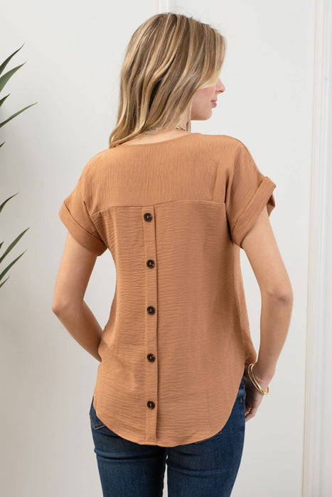 SPLIT NECK BACK BUTTON SHORT FOLD SLEEVE TOP