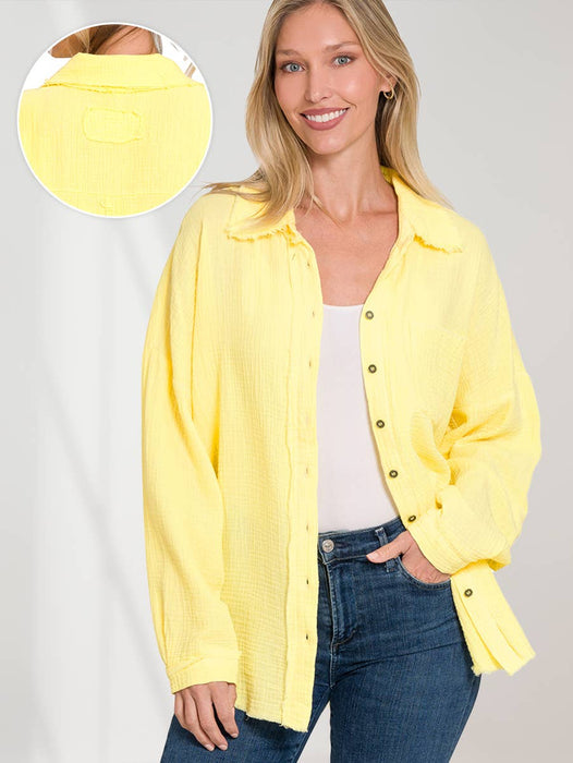 Women's Oversized Raw Edge Button-Up Shirt with Back Patch