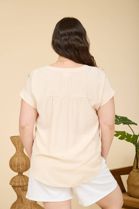 PLUS SIZE HALF BUTTON LACE TRIM SHORT SLEEVE TOP