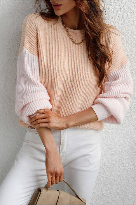 COLOR BLOCK SLEEVE KNIT WOMENS WARM SWEATER