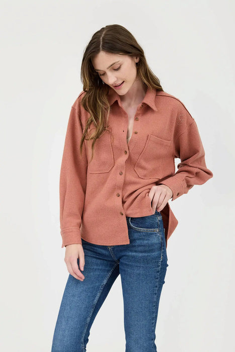 RIB KNIT EXPOSED SEAM BUTTON UP SHACKET JACKET