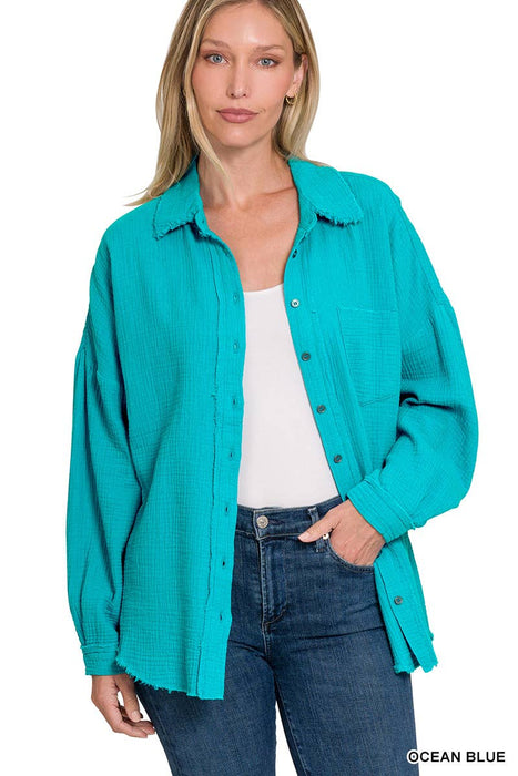 Oversized Raw Edge Shirt With Back Patch Zenana Brand
