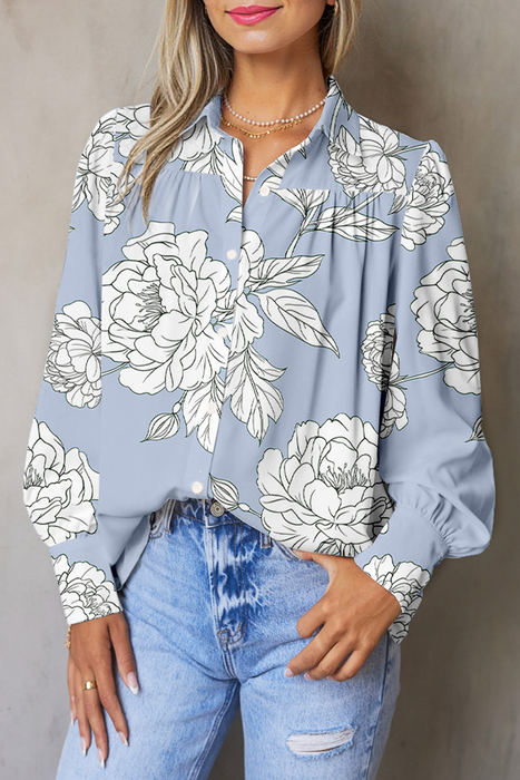 Blue Floral Puff Sleeve Button Up Long Sleeve Shirt