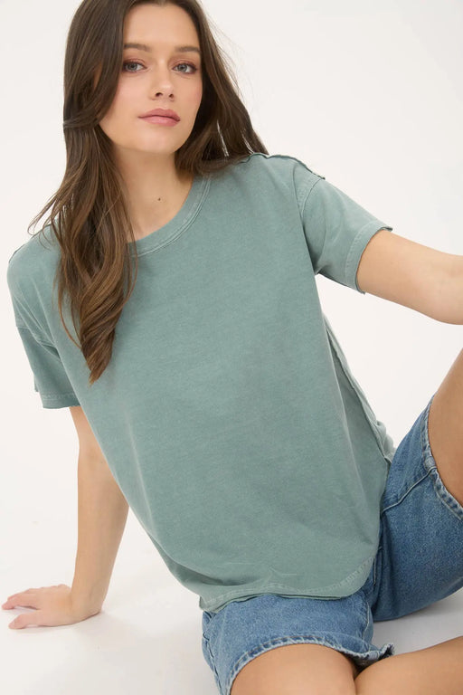 Cotton exposed seam raw edge knit top drop shoulder front view