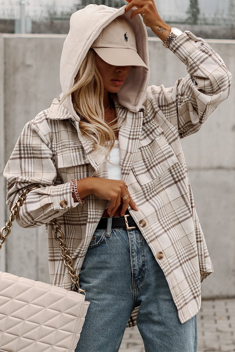 Khaki Plaid Shirt Removable Hood Buttoned Shacket