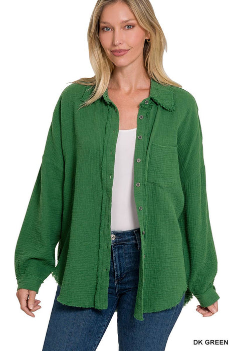 Oversized Raw Edge Shirt With Back Patch Zenana Brand