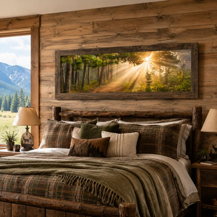 Forest Light Rays Wall Art – Panoramic Pine Sunlight Art
