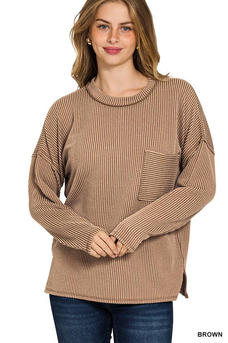 Women's Corded Ribbed Long Sleeve Drop Shoulder Long Sleeve  Shirt