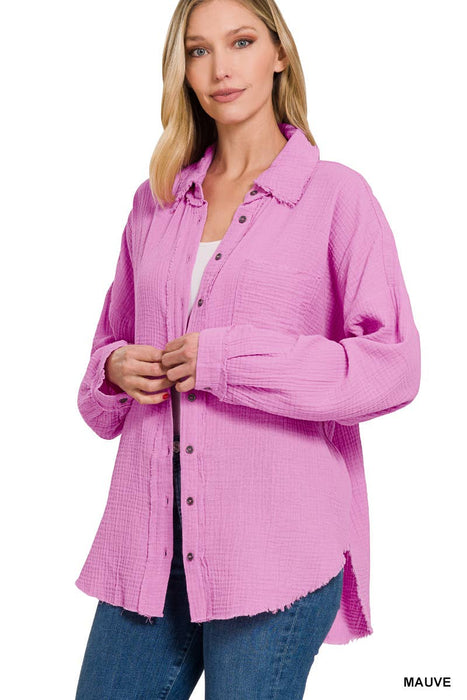 Oversized Raw Edge Shirt With Back Patch Zenana Brand