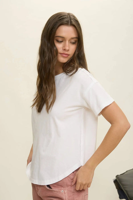 Lightweight short sleeve knit top raw edge detail