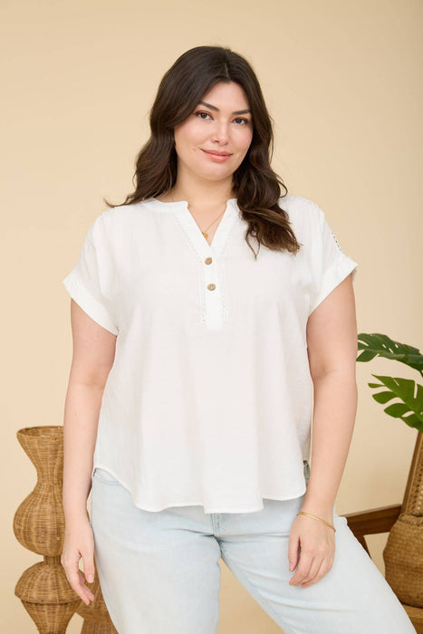 PLUS SIZE HALF BUTTON LACE TRIM SHORT SLEEVE TOP