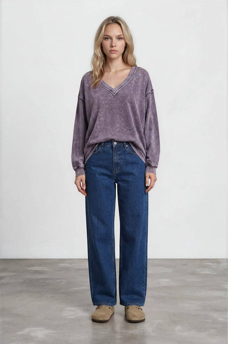 WASHED INVERTED SEAM DETAIL LONG SLEEVE KNIT TOP