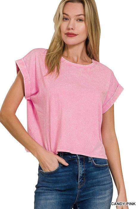 Washed Cotton Cuffed Short Sleeve Top Zenana Brand  – Women’s Casual Tee | Heartland Store MN