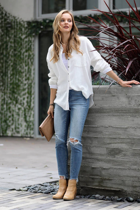 Oversized Raw Edge Shirt With Back Patch Zenana Brand