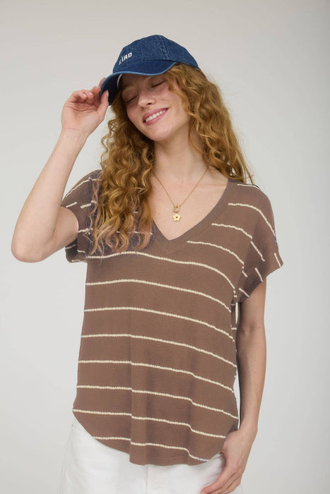 STRIPE V NECK CUFFED SHORT SLEEVE KNIT TOP