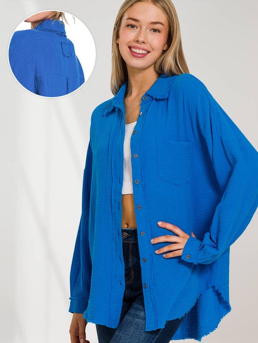 Women's Oversized Raw Edge Button-Up Shirt with Back Patch
