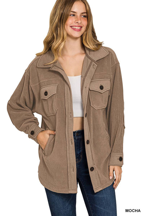 Basic Fleece Jacket Shacket W/ Elbow Patch - Zenana Brand
