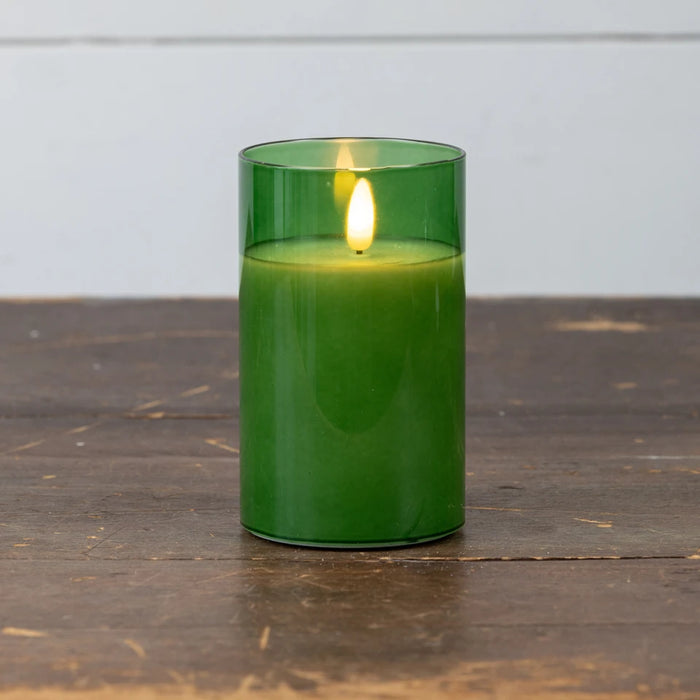 PINE GREEN GLASS 3D FLAME CANDLE WITH 6HR TIMER
