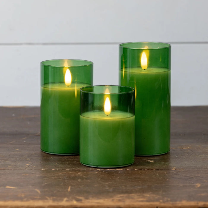 PINE GREEN GLASS 3D FLAME CANDLE WITH 6HR TIMER