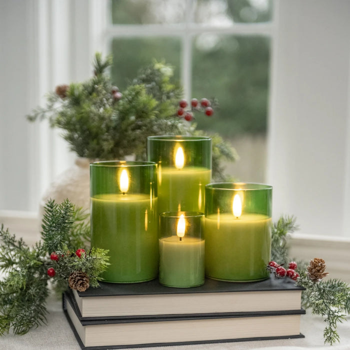 PINE GREEN GLASS 3D FLAME CANDLE WITH 6HR TIMER