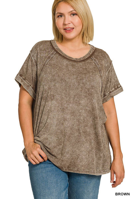 Plus Size Washed Ribbed Cuffed Short Sleeve Round Neck Top
