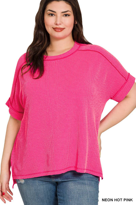 Plus Size Corded Rib Cuff Sleeve Raw Edge Top | Zenana | Heartland Store MN