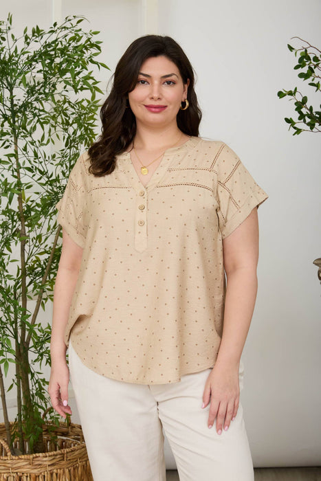 PLUS POLKA DOT LACE TRIM HALF BUTTON TOP