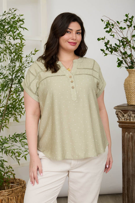PLUS POLKA DOT LACE TRIM HALF BUTTON TOP