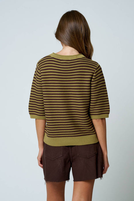 TEXTURED STRIPE CREW NECK HALF SLEEVE SWEATER