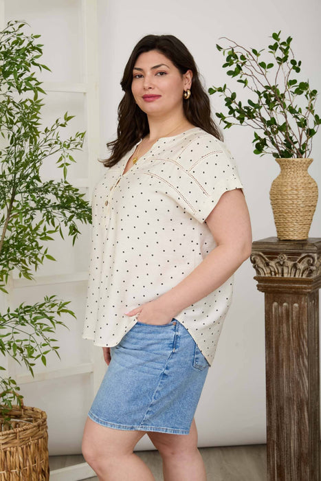 PLUS POLKA DOT LACE TRIM HALF BUTTON TOP