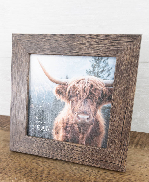 Faith Over Fear Highland Cow Rustic Art Picture Decor