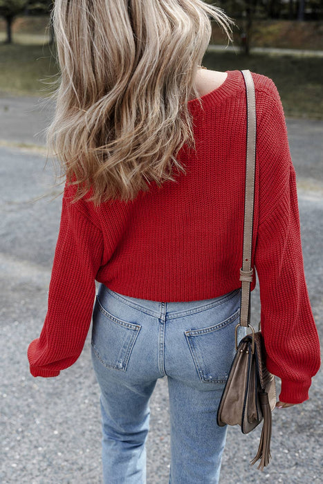 Solid Textured Knit V Neck Drop Shoulder Red Light Weight Sweater