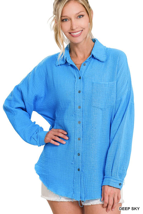 Oversized Raw Edge Shirt With Back Patch Zenana Brand