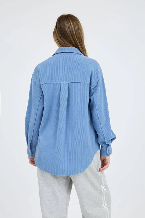 RIB KNIT EXPOSED SEAM BUTTON UP SHACKET JACKET