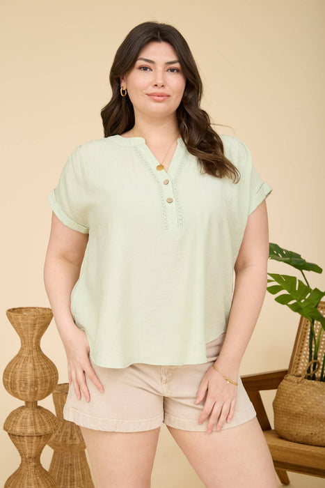 PLUS SIZE HALF BUTTON LACE TRIM SHORT SLEEVE TOP