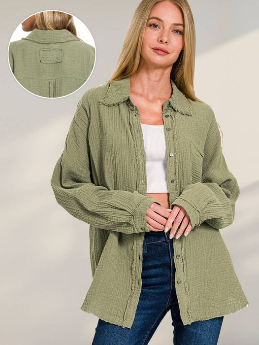 Women's Oversized Raw Edge Button-Up Shirt with Back Patch