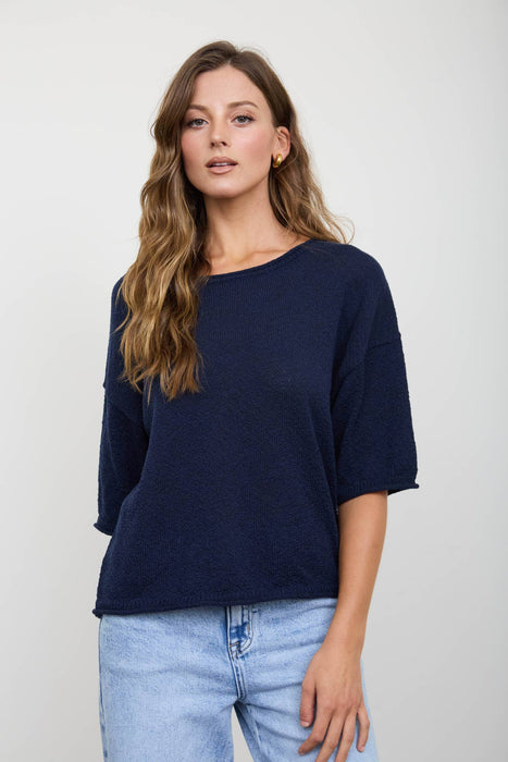 RAW EDGE BOXY SHORT SLEEVE KNIT SWEATER