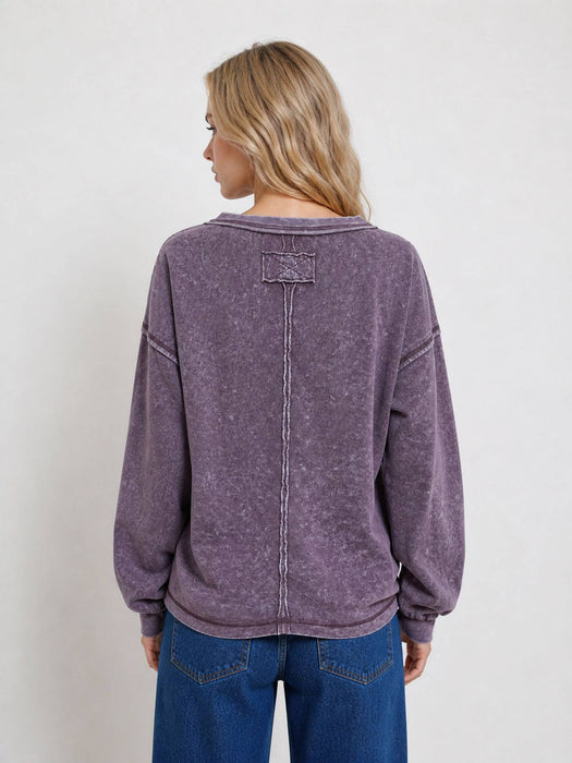WASHED INVERTED SEAM DETAIL LONG SLEEVE KNIT TOP